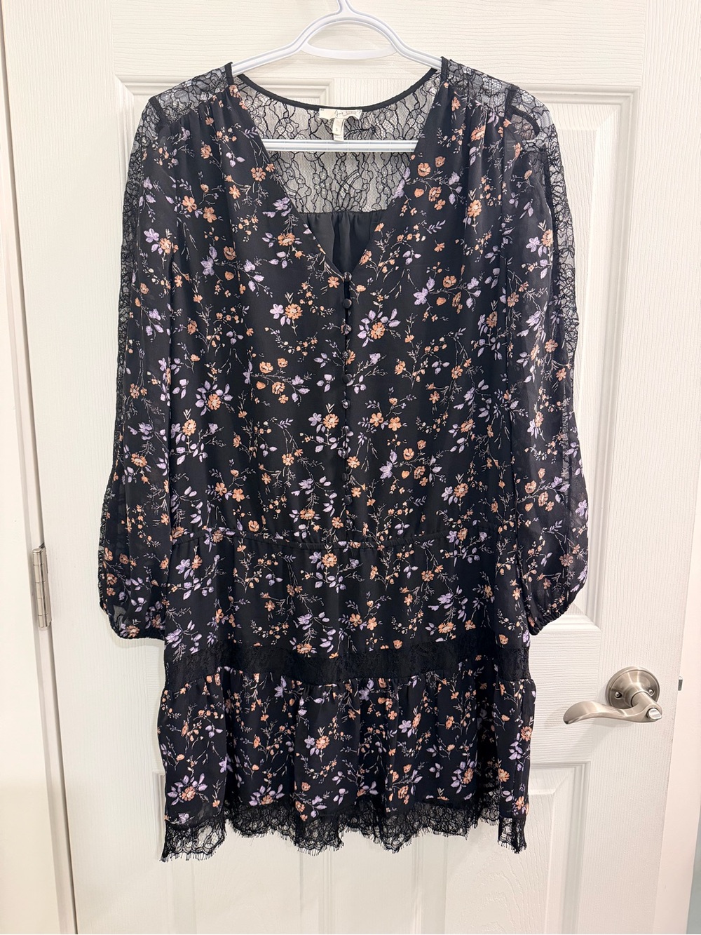 Joie Black Floral Lace-Trim silk Dress